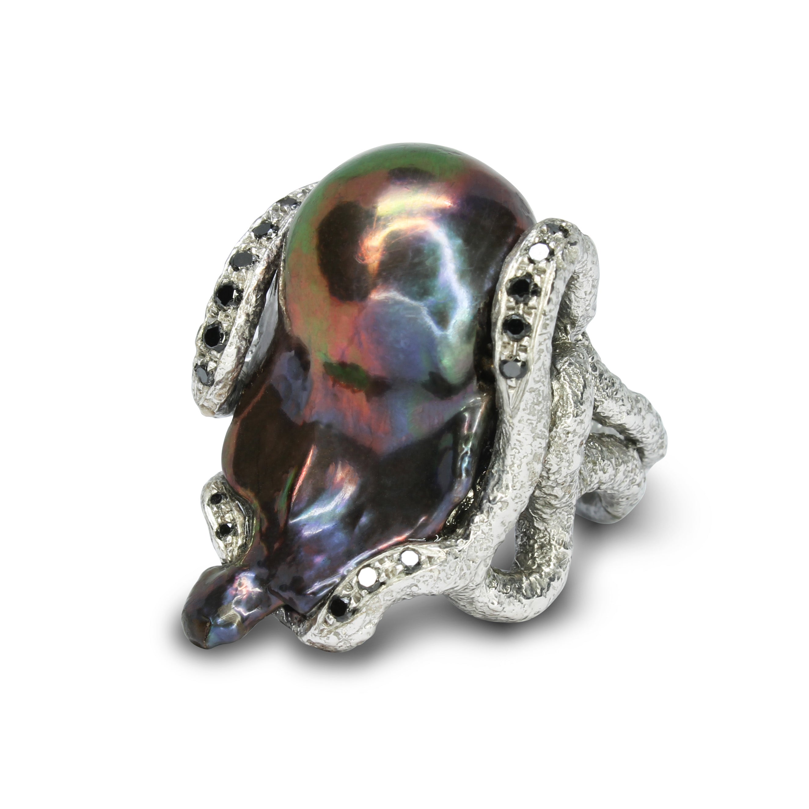 Anello Perla Barocca e Diamanti Neri