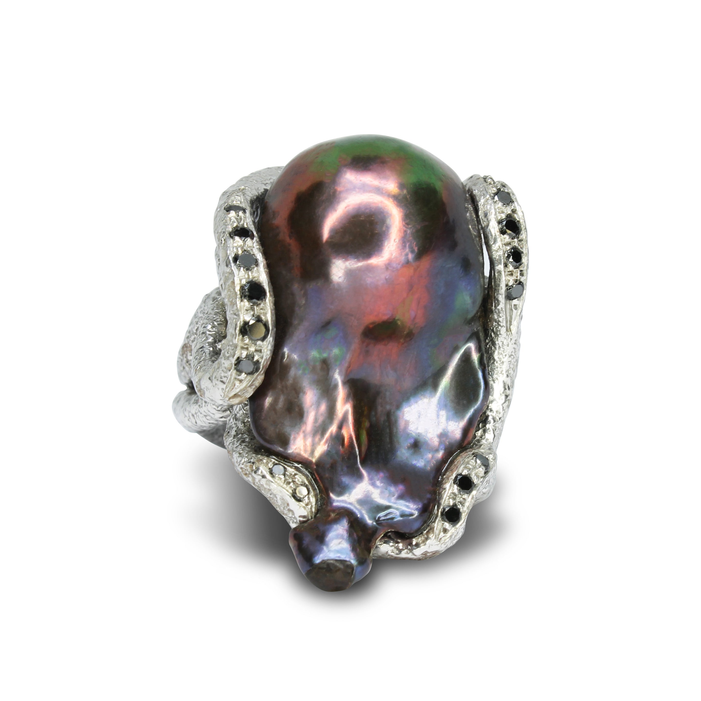 Anello Perla Barocca e Diamanti Neri
